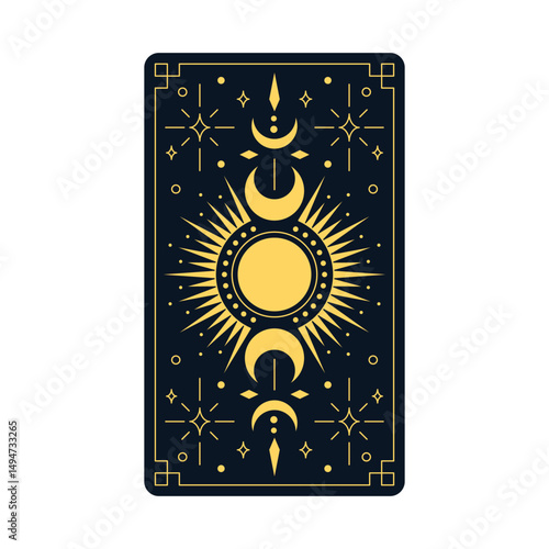 Celestial ornament tarot card vector design, golden Boho line art with mystical thin line crescent moon, stars, sun rays