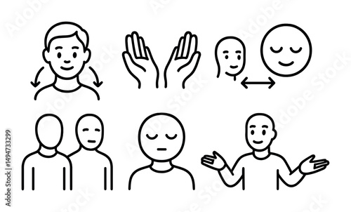 Body language outline icons set – expressive, gesture, nonverbal communication symbols