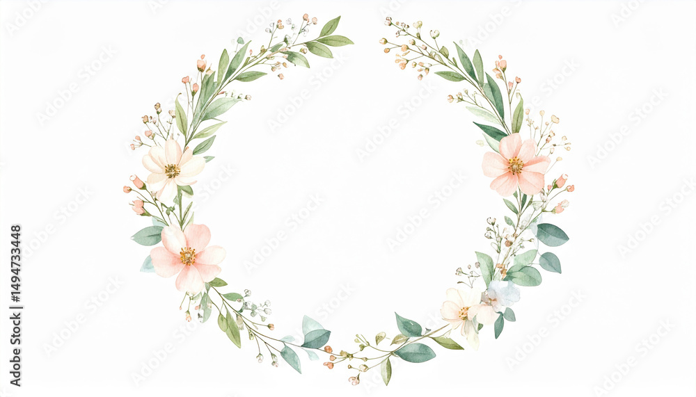 Delicate floral wreath blank frame with handpainted flowers, soft watercolor palette, green leaves, and gentle botanical elements, perfect for invitations or greeting cards Delicate floral wreath blank frame with handpainted flowers, soft watercolor palette, green leaves, and gentle botanical elements, perfect for invitations or greeting cards