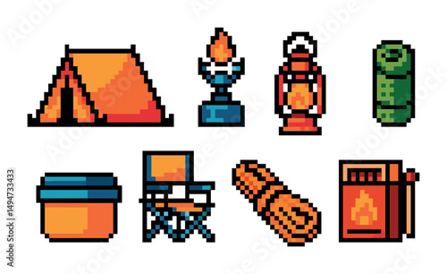Camping and adventure pixel art icons set – survival, nature exploration symbols