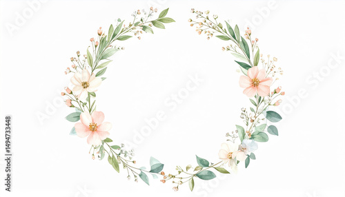 Delicate floral wreath blank frame with handpainted flowers, soft watercolor palette, green leaves, and gentle botanical elements, perfect for invitations or greeting cards