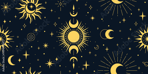 Celestial ornament vector seamless pattern design, golden tarot Boho line art with mystical crescent moon, stars, sun