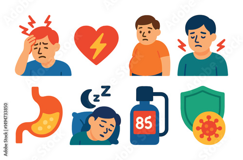 Health and sickness flat icons set – wellness, medical, and symptom symbols