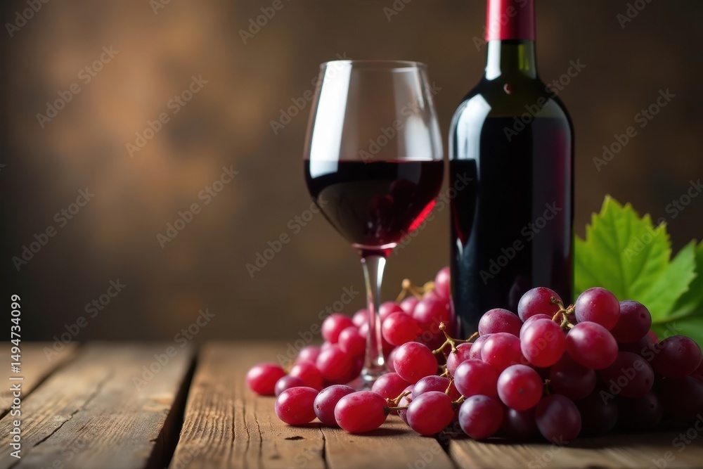 Obraz premium Wine bottle, half-full glass, grapes on rustic table, vintage, organic, drink