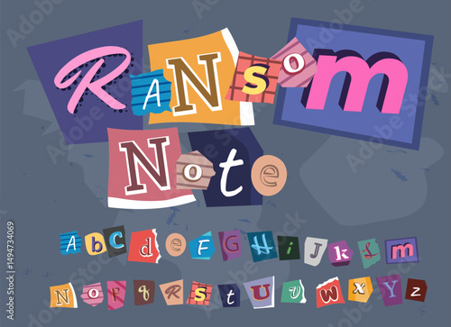 Ransom Alphabet vector font, cut paper note letters various style font for anonymous note, typography type from magazine