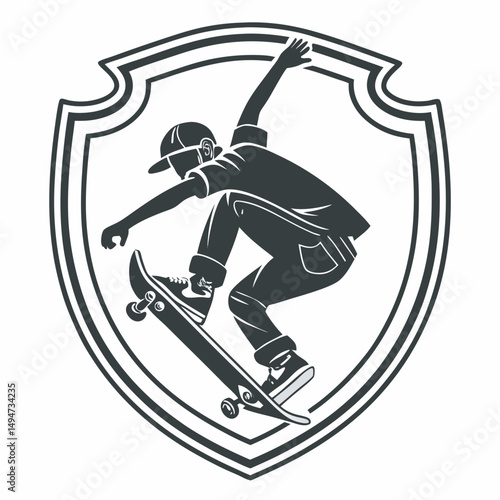 Silhouette of skateboarder performing trick inside shield frame modern black and white