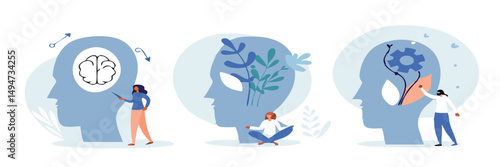 Mental health illustration set. Character with mental disorder fight against stress, depression, emotional burnout and other psychological problems. Psychotherapy concept