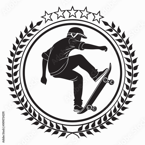 Skateboarder performing trick inside circle frame with stars and leaves design