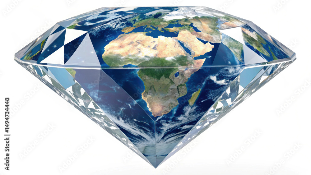 Obraz premium Diamond shaped Earth illustration with continents visible, symbolizing global prosperity, wealth, and environmental value, with high fidelity, vibrant, and creative concept