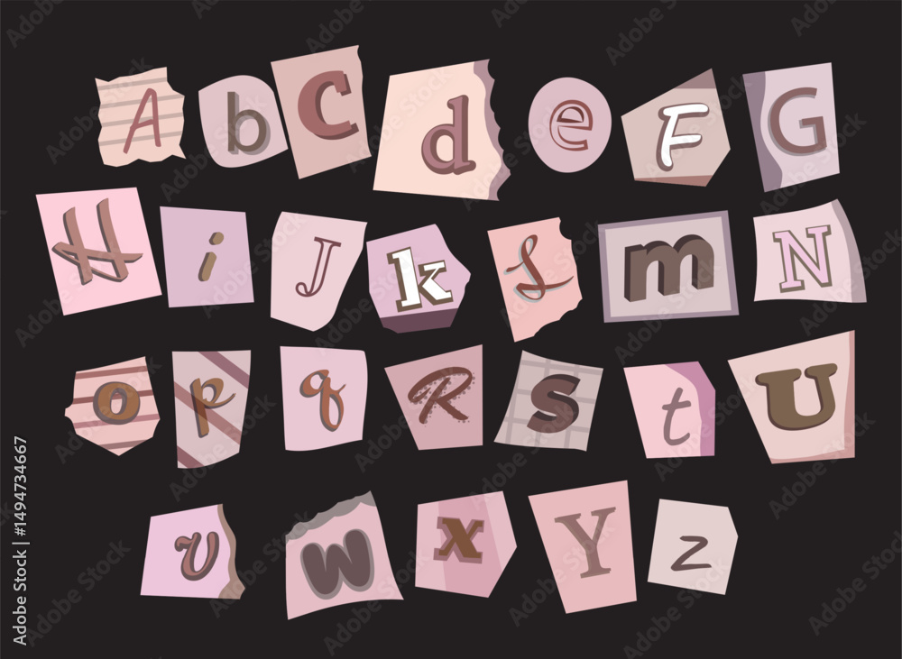 Ransom Alphabet vector typography font, pink monochrome cut paper note letters various style font for anonymous notes Ransom Alphabet vector typography font, pink monochrome cut paper note letters various style font for anonymous notes