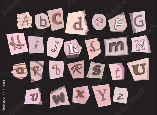 Ransom Alphabet vector typography font, pink monochrome cut paper note letters various style font for anonymous notes