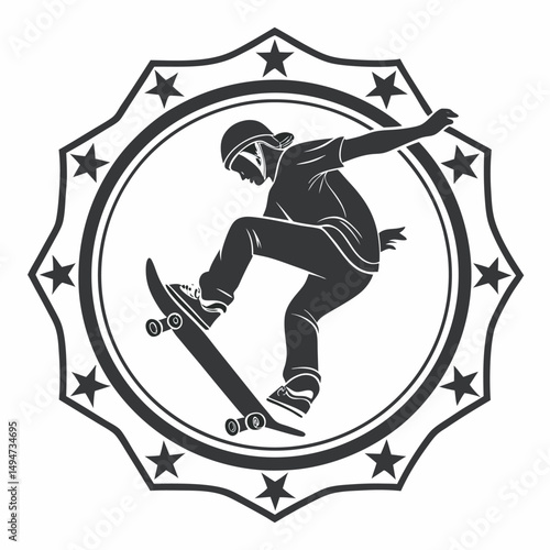 Skateboarder silhouette performing trick inside star frame design