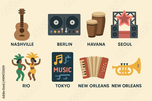 Global music and dance icons from cities around the world