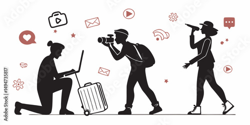 Digital nomad lifestyle with photographer videographer and social media influence black silhouettes