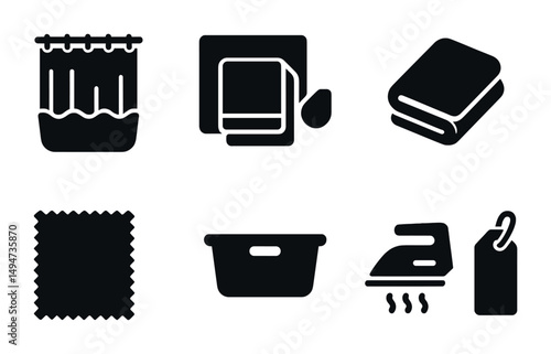 Laundry and cleaning solid icons set – silhouette, washing, housekeeping essentials