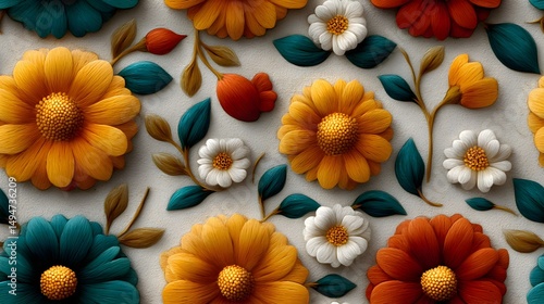 Vibrant floral pattern with colorful blooms and leaves