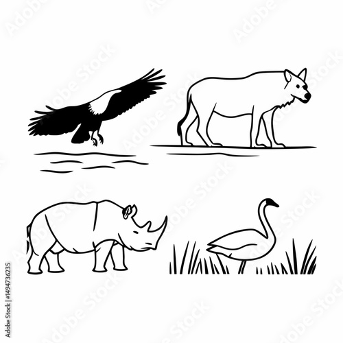 Wild animal silhouettes vector illustration collection with diverse mammals like wolf, horse, elephant, lion, and rhino