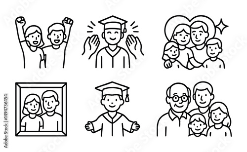 Graduation and family outline icons set – linear, line, educational and celebration symbols