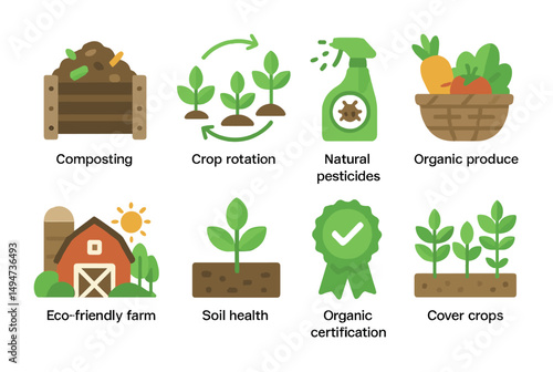 Organic farming icons set – flat, sustainable, eco-friendly agriculture graphics