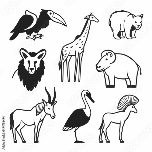 A diverse collection of wild animal silhouettes including elephant, horse, giraffe, tiger, deer, bear, and bird illustrations