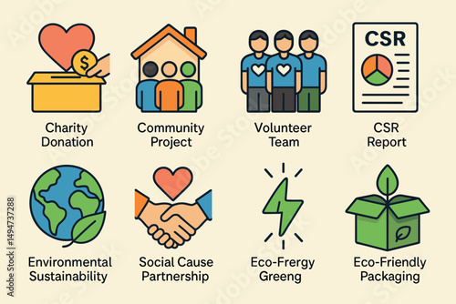 Charity and community flat icons set – donation, volunteer, social responsibility