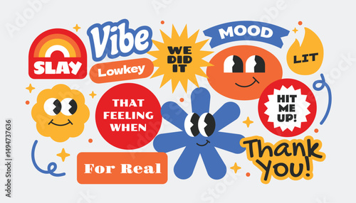Groovy abstract funny stickers, patch, badges. Colorful quotes word gen z and millenials Y2k style art.