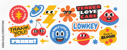 Groovy abstract funny stickers, patch, badges. Colorful quotes word gen z and millenials Y2k style art.