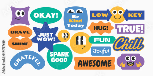 Groovy abstract funny stickers, patch, badges. Colorful quotes word gen z and millenials Y2k style art.