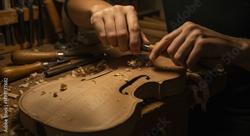 Craftsman delicately carves violin wood creating intricate designs on worktable in workshop refining musical instrument