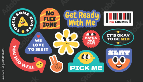 Groovy abstract funny stickers, patch, badges. Colorful quotes word gen z and millenials Y2k style art.