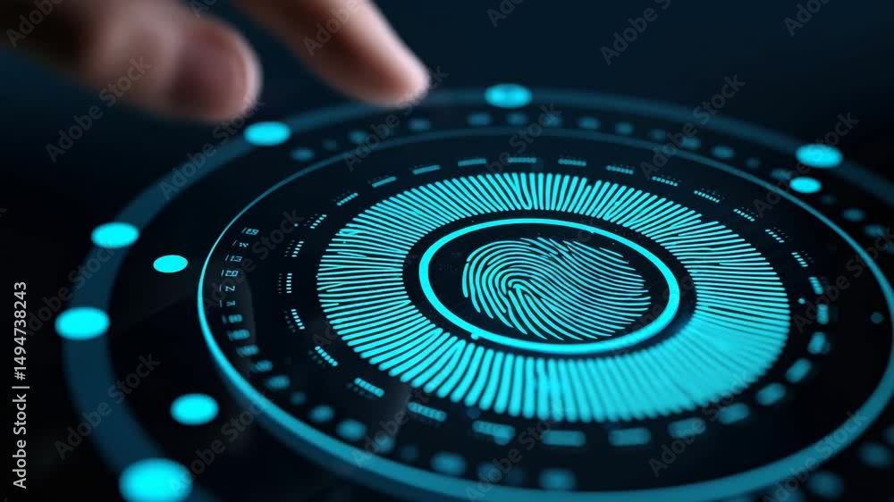 Futuristic digital fingerprint scanner interface with glowing blue elements, representing biometric security, technology innovation, digital identification, authentication, and modern cyber security