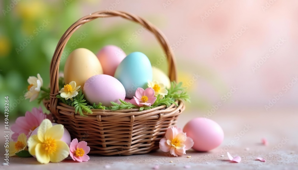 Pastel-colored eggs in a woven basket, spring flowers nearby, Easter bunny, chick Pastel-colored eggs in a woven basket, spring flowers nearby, Easter bunny, chick