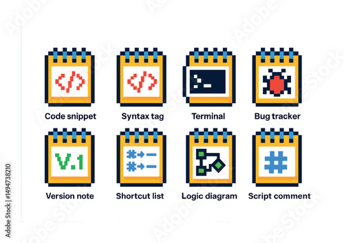 Coding and programming pixel art icons set – computer, development, flat style graphics