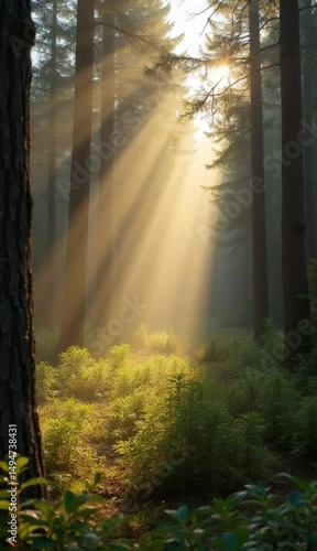 Sun-Kissed Forest: Sunlight pierces through the dense canopy of a forest, illuminating the lush undergrowth and creating a mystical ambiance of a secluded woodland escape.