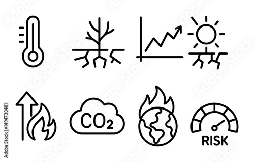 Climate change outline icons set – flat, linear, global warming and eco symbols
