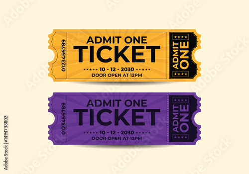 Ticket Design Set Template. Admit One Tickets for Event, Movie, Raffle, Carnival & Festival.