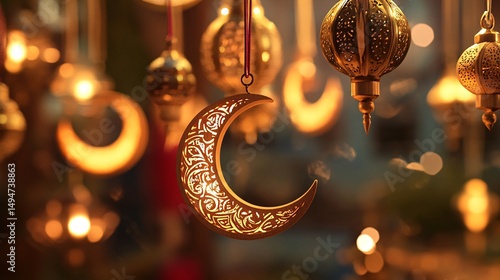 Golden Ramadan Lanterns and Crescent Moons illuminate a festive celebration, creating a warm and inviting atmosphere.