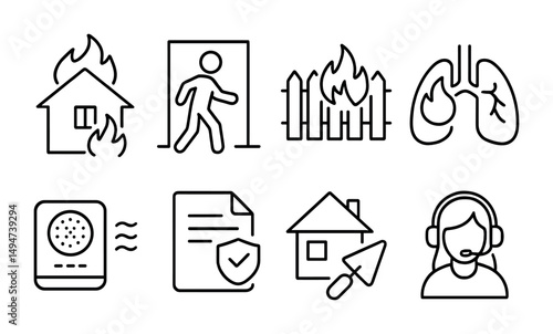 Fire safety and emergency preparedness icons set for informational materials
