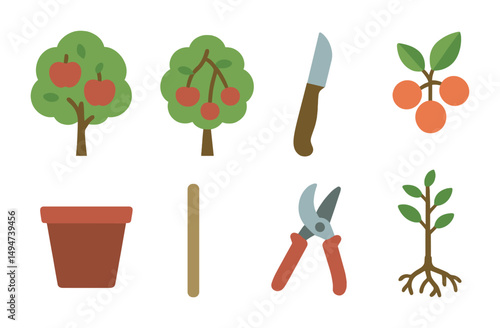 Gardening tools flat icons set – plants, horticulture, garden symbols