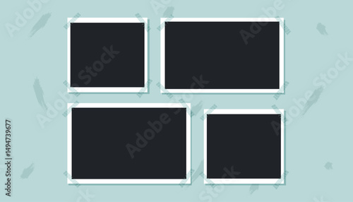 A set of blank photos cliparts on the photo album page. Photos template. Mockup of page with blank photos. Vector flat illustration.