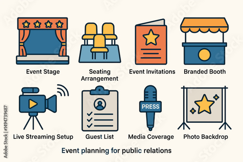 Event planning outline icons set – silhouette, linear, public relations tools
