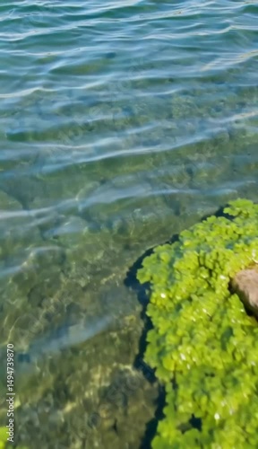 Serene Shoreline: Close-up shot of the water's edge reveals a vivid interaction between the tranquil, clear waters and the vibrant aquatic plants, providing a moment of calm and connection to nature.