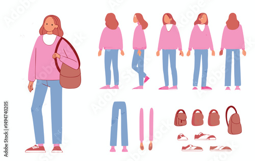 Teenage girl character with shopper bag. Constructor for animation. Front, side and back view set. Body parts, postures, poses