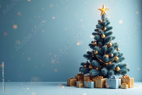 Elegant blue and gold Christmas tree, gifts below , ornate, holiday season