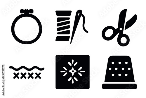 Sewing solid icons set – filled, crafting, stitching essentials symbols