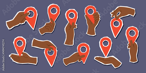 Set of travel destination pins in human hands isolated on white background. Travel point of destination. Flat style hand drawn illustration.
