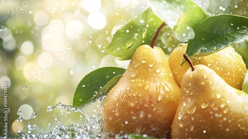Juicy Pears Fresh from Orchard Water Droplets Leaves Sunlight