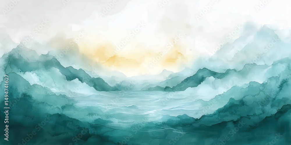 Serene Teal Mountain Landscape Watercolor Painting Art Print sky fog blue calm mist green image Serene Teal Mountain Landscape Watercolor Painting Art Print sky fog blue calm mist green image