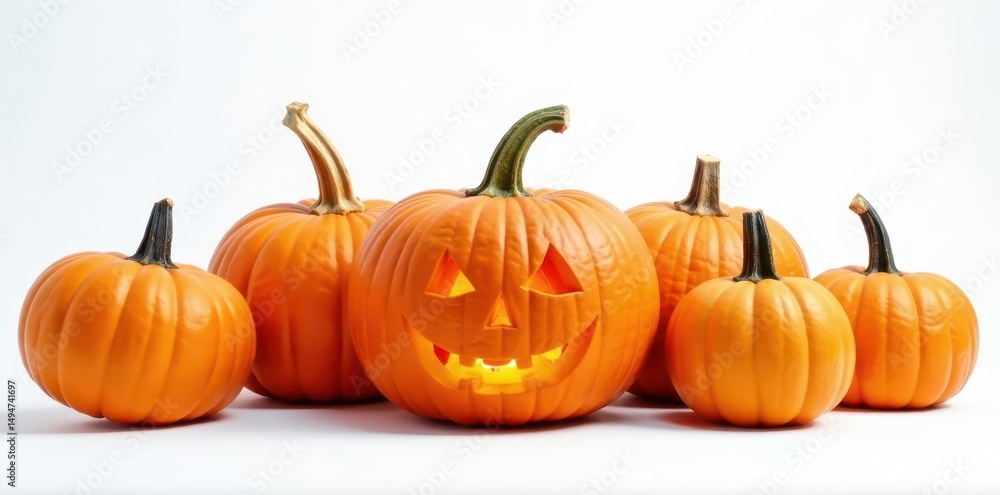 Obraz premium Group of whole and carved Halloween pumpkins, different styles, pure white backdrop , fall, gourd