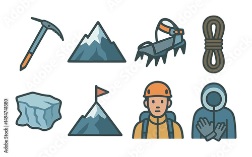 Mountaineering equipment icons set – flat, adventure, climbing symbols